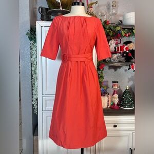 Small Coral Orange Modest Belted High Neck Dress Short sleeve